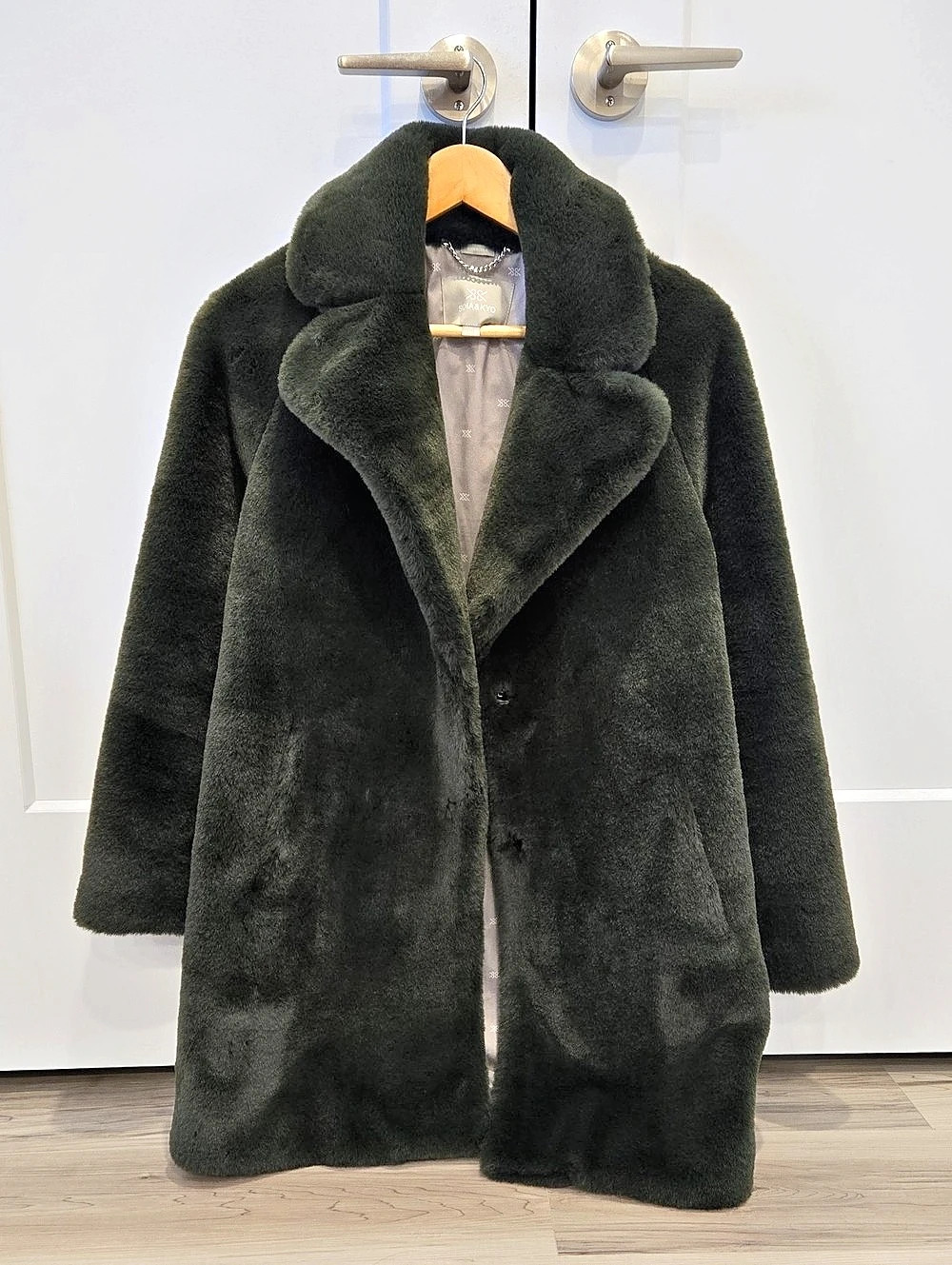 SOIA & KYO Faux Fur Coat in Dark Green Size XXS Like New